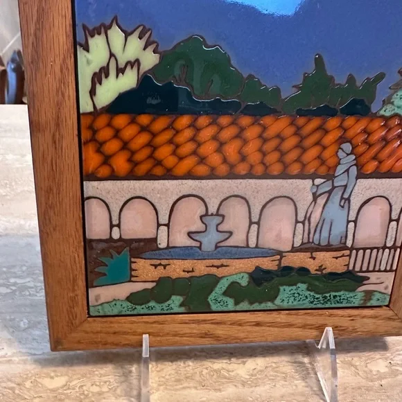 Colorful Ceramic Tile Art in Wooden Frame Middle East Christian Religious Scene - Picture 5 of 7